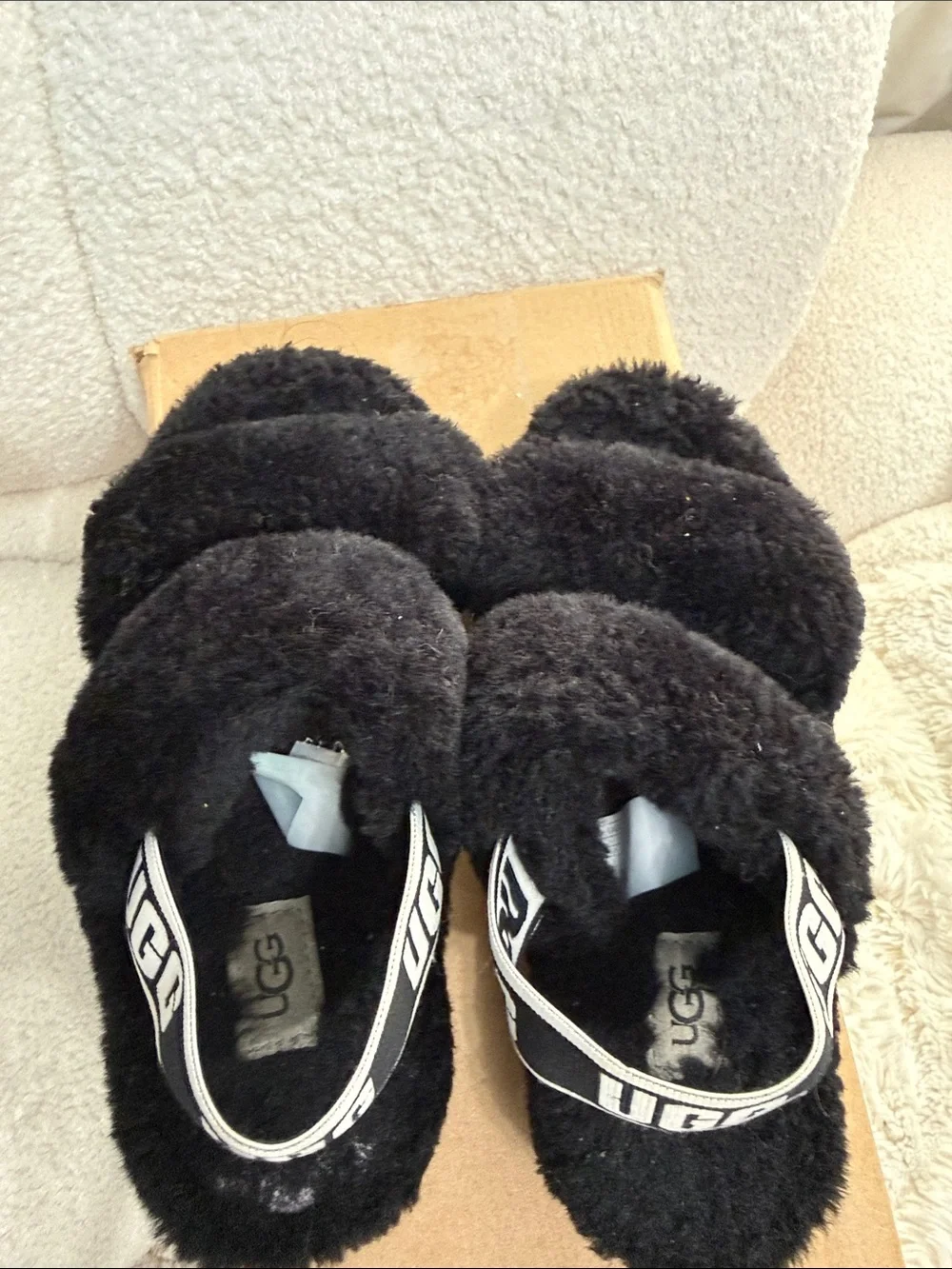 UGG Kids Black Fluff Slide Sandals with Logo Strap